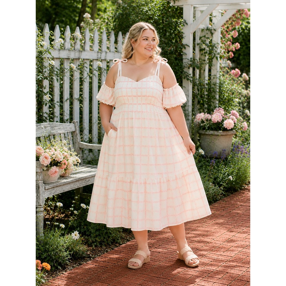 Universal Thread Sz 2X NWT Pink Plaid Smocked Puff Sleeve Midi Dress Cottagecore